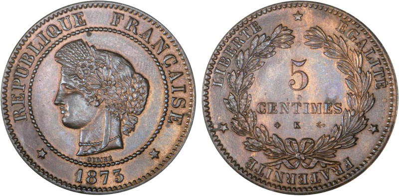 5 CENTIMES
5 CENTIMES type Cérès (IIIe République)
1873 K - SUP 59 (SUP)
Rare...