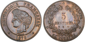 5 CENTIMES
5 CENTIMES type Cérès (IIIe République)
1873 K - SUP 59 (SUP)
Rare en l'état !


G 157a, F 118, KM# 821
BORDEAUX - BRONZE - 
 -----...