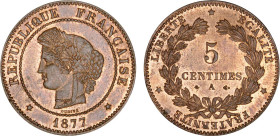 5 CENTIMES
5 CENTIMES type Cérès (IIIe République)
1877 A - SPL 63 (SUP++)
Rare en l'état !


G 157a, F 118, KM# 821
PARIS - BRONZE - 
 ------...