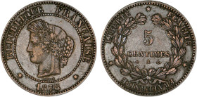 5 CENTIMES
5 CENTIMES type Cérès (IIIe République)
1878 A - TTB 45 (TTB++)
Rare !


G 157a, F 118, KM# 821
PARIS - BRONZE - 
 ----------------...