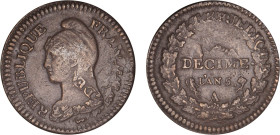 DÉCIME, 10 CENTIMES
UN DÉCIME surfrappe du 2 DÉCIMES
AN 5 A - TTB 40 (TTB+)



G 185, F 128, KM# 645
PARIS - BRONZE - 21,12g
 ----------------...