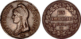 DÉCIME, 10 CENTIMES
UN DÉCIME type définitif (Directoire & consulat)
AN 8 W - TTB 40 (TTB+)
Assez Rare !


G 187a, F 129, KM# 644
LILLE - BRONZ...