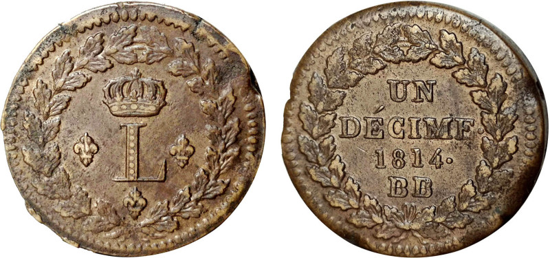 DÉCIME, 10 CENTIMES
UN DÉCIME Louis XVIII (Strasbourg)
1814 BB - TTB 45 (TTB++...