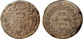 DÉCIME, 10 CENTIMES
UN DÉCIME Louis XVIII (Strasbourg)
1814 BB - TTB 45 (TTB++)
Avec points - léger paillage


G 196, F 132, KM# 701
STRASBOURG...
