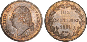 DÉCIME, 10 CENTIMES
10 CENTIMES Louis XVIII, buste nu - ESSAI
1821 - SPL 63 (SUP++)
Tranche hachurée - Très Rare !!


G 200, KM E8
 - BRONZE - ...