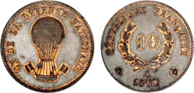DÉCIME, 10 CENTIMES
10 CENTIMES (Gambetta en ballon)
1870 A - SPL 63 (SUP++)
Très Rare !!
Variante beaucoup plus rare que celle avec la lettre "E"...