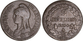 2 DÉCIMES, 20 CENTIMES
2 DÉCIMES
AN 4 A - TTB 45 (TTB++)



G 300, F 145, KM# 638
PARIS - BRONZE - 
 ----------------------------------------...