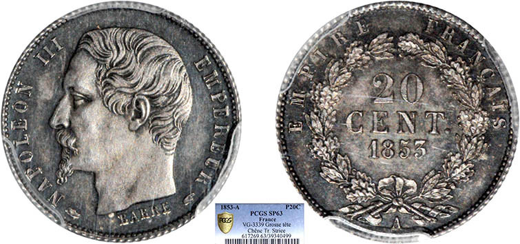 2 DÉCIMES, 20 CENTIMES
20 CENT. Napoléon III, grosse tête
1853 A - SPL 63 (SUP...