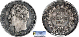2 DÉCIMES, 20 CENTIMES
20 CENT. Napoléon III, grosse tête
1853 A - SPL 63 (SUP++)
Très Rare !! - PCGS SP63


G 304, F 147, KM# 778
PARIS - ARGE...