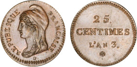 1/4 FRANC, 25 CENTIMES
25 CENTIMES type Dupré
AN 3 b) - SPL 60 (SUP+)
Cu., revers sans la barre - Rare !


G 341
 - BRONZE - 
 ---------------...