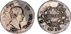 1/4 FRANC, 25 CENTIMES
QUART (de franc) Bonaparte, Ier consul
AN12 L - TTB 35 (TTB)
Rare !


G 342, F 157, KM# 653
BAYONNE - ARGENT - 
 ------...