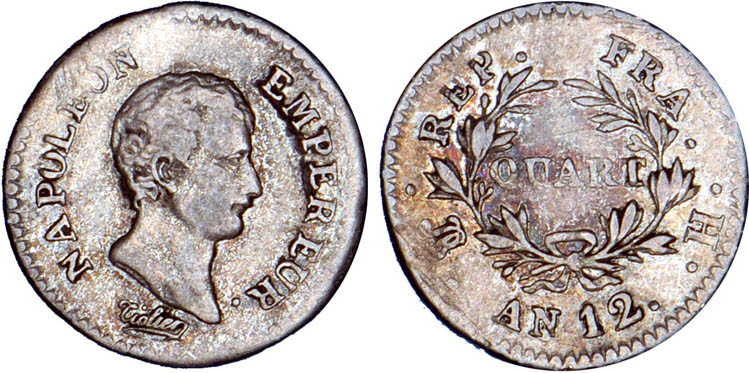 1/4 FRANC, 25 CENTIMES
QUART (de franc) Napoléon empereur (calendrier révolutio...