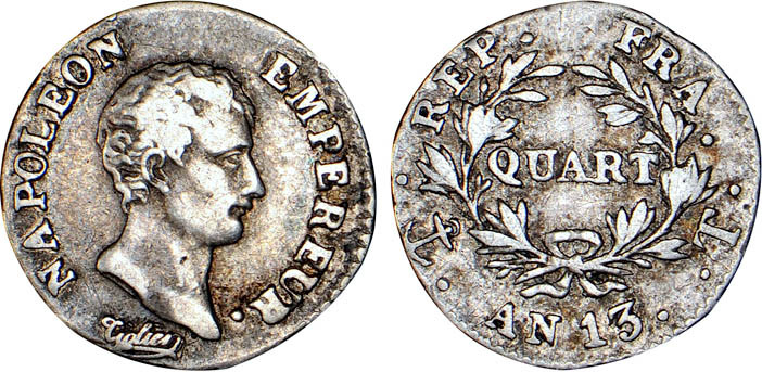 1/4 FRANC, 25 CENTIMES
QUART (de franc) Napoléon empereur (calendrier révolutio...
