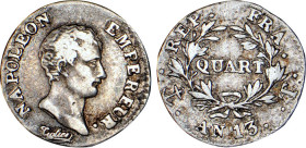 1/4 FRANC, 25 CENTIMES
QUART (de franc) Napoléon empereur (calendrier révolutionnaire)
AN13 T - TTB 35 (TTB)
Très Rare !!


G 346, F 158, KM# 65...