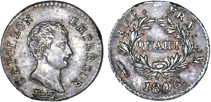 1/4 FRANC, 25 CENTIMES
QUART (de franc) Napoléon empereur (calendrier grégorien...