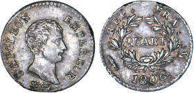 1/4 FRANC, 25 CENTIMES
QUART (de franc) Napoléon empereur (calendrier grégorien)
1806 K - TTB 45 (TTB++)
Très Rare !! - légers coups tranche


G...