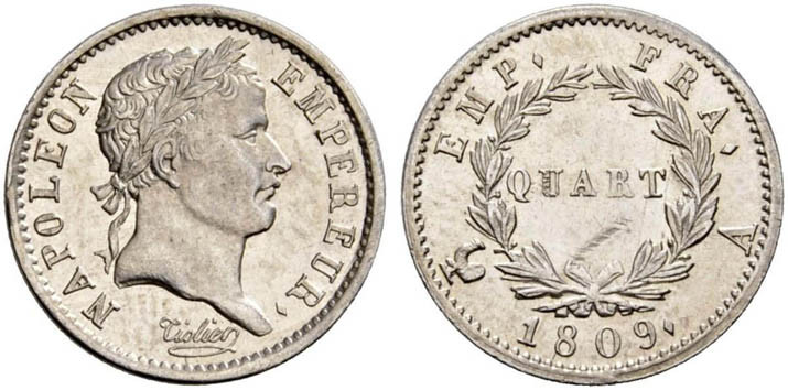 1/4 FRANC, 25 CENTIMES
QUART (de franc) tête laurée, revers Empire Français
18...