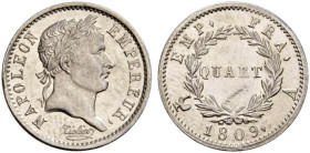 1/4 FRANC, 25 CENTIMES
QUART (de franc) tête laurée, revers Empire Français
1809 A - SUP 58 (SUP)
Rare ! - griffures revers


G 350, F 162, KM# ...