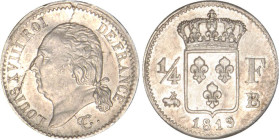1/4 FRANC, 25 CENTIMES
1/4 F, Louis XVIII
1819 B - TTB 45 (TTB++)
Rare ! - bavure de métal


G 352, F 163, KM# 714
ROUEN - ARGENT - 
 --------...