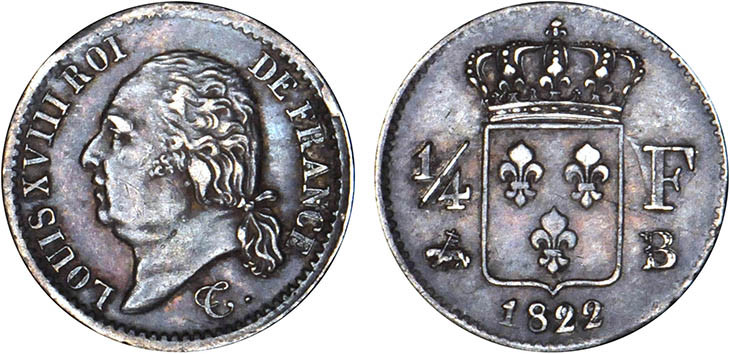 1/4 FRANC, 25 CENTIMES
1/4 F, Louis XVIII
1822 B - TTB 45 (TTB++)
Assez Rare ...