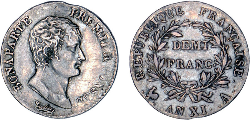 1/2 FRANC, 50 CENTIMES
DEMI FRANC Bonaparte, Ier consul
AN XI A - TTB 45 (TTB+...