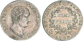 1/2 FRANC, 50 CENTIMES
DEMI FRANC Bonaparte, Ier consul
AN12 A - SUP 50 (SUP-)
Assez Rare !


G 394, F 173, KM# 648
PARIS - ARGENT - 
 -------...