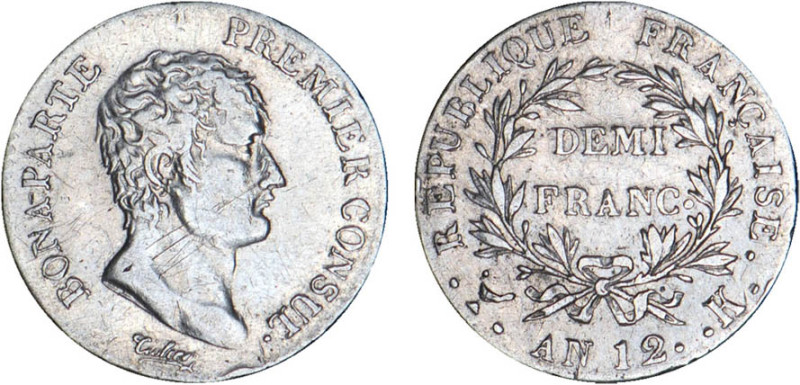 1/2 FRANC, 50 CENTIMES
DEMI FRANC Bonaparte, Ier consul
AN12 K - TTB 35 (TTB)...