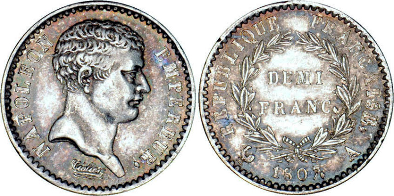 1/2 FRANC, 50 CENTIMES
DEMI FRANC type tête de nègre
1807 A - SUP 53 (SUP-)
T...