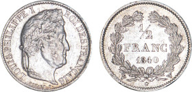 1/2 FRANC, 50 CENTIMES
1/2 FRANC Louis-Philippe
1840 W - TTB 40 (TTB+)
Caducée - Rare !, légers coups tr.


G 408, F 182, KM# 741
LILLE - ARGEN...