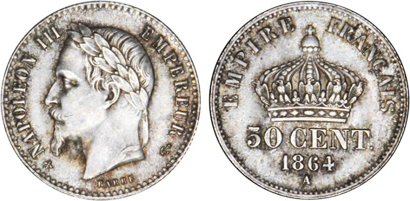 1/2 FRANC, 50 CENTIMES
50 CENT. Napoléon III, tête laurée
1864 A - FDC 64 (FDC...