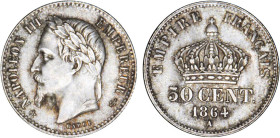 1/2 FRANC, 50 CENTIMES
50 CENT. Napoléon III, tête laurée
1864 A - FDC 64 (FDC)
Rare en l'état !


G 417, F 188, KM# 814
PARIS - ARGENT - 
 --...