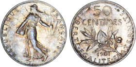 1/2 FRANC, 50 CENTIMES
50 CENTIMES type semeuse
1901 - SPL 63 (SUP++)
Assez Rare en l'état !


G 420, F 190, KM# 854
 - ARGENT - 
 -----------...