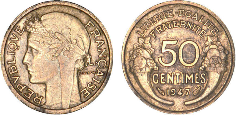 1/2 FRANC, 50 CENTIMES
50 CENTIMES type Morlon (cuivre aluminium)
1947 - TTB 4...