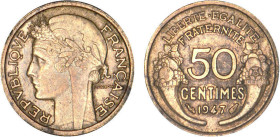 1/2 FRANC, 50 CENTIMES
50 CENTIMES type Morlon (cuivre aluminium)
1947 - TTB 45 (TTB++)
Rare !


G 423b, F 192, KM# 894.1
 - CUPRO-ALUMINIUM - ...