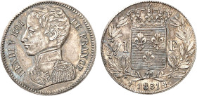1 FRANC
1 FRANC Henri V, prétendant, var. grosse tête
1831 - SUP 58 (SUP)
Rarissime !!!


G 451v, VG 2703, KM# PT 27
 - ARGENT - 4,92g
 ------...