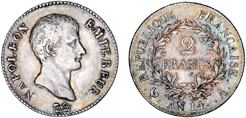 2 FRANCS
2 FRANCS Napoléon empereur (calendrier révolutionnaire)
AN14 A - TTB ...