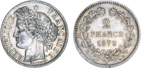2 FRANCS
2 FRANCS type Cérès, sans légende
1870 K - TTB 45 (TTB++)
Etoile - Rare !


G 529, F 264, KM# 816
BORDEAUX - ARGENT - 
 -------------...