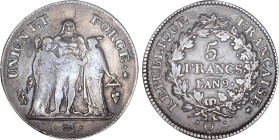 5 FRANCS
5 FRANCS type Union et Force (Consulat), variété "union" serré, grande feuille avec glands
AN 9 Q - TTB 35 (TTB)
Rare !


G 563a, F 288...