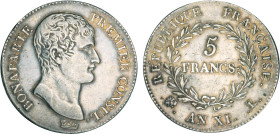 5 FRANCS
5 FRANCS Bonaparte Ier consul
AN XI L - TTB 45 (TTB++)
Tête de lion, Rarissime !!!, brossé


G 577, F 301, KM# 650, 659
BAYONNE - ARGE...