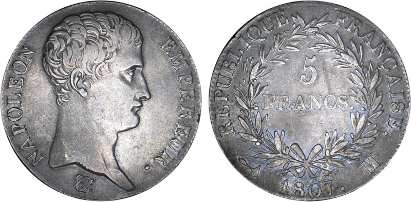 5 FRANCS
5 FRANCS Napoléon empereur (calendrier grégorien)
1807 M - TTB 40 (TT...