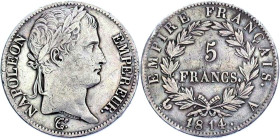 5 FRANCS
5 FRANCS au revers Empire Français
1814 A - TTB 35 (TTB)
Assez Rare ! - nettoyé


G 584, F 307, KM# 694
PARIS - ARGENT - 
 ----------...