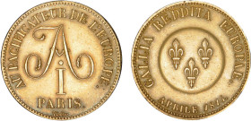 5 FRANCS
5 FRANCS (module de), Alexandre I de Russie, légende latine
1814 - SUP 50 (SUP-)
Bronze doré - Rare !, essai listel


G 586
 - BRONZE ...