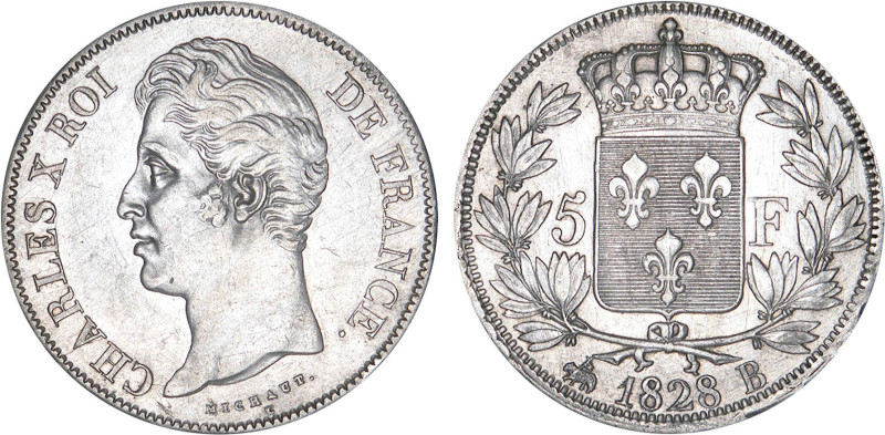 5 FRANCS
5 F, Charles X 2e type
1828 B - TTB 45 (TTB++)
légèrement brossé

...