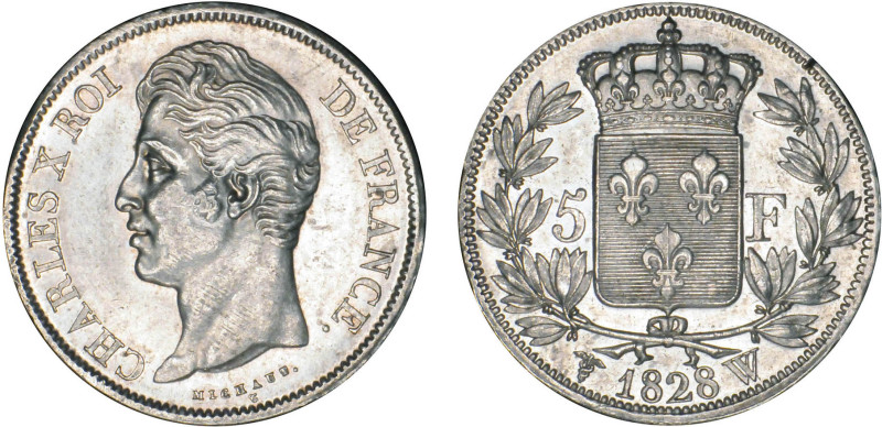 5 FRANCS
5 F, Charles X 2e type
1828 W - SUP 58 (SUP)
légèrement nettoyé

...