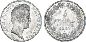 5 FRANCS
5 FRANCS Louis-Philippe, tête nue, variété sans le I, tranche en creux
1830 A - TTB 40 (TTB+)
Rare ! - infimes coups tranche


G 675, F...