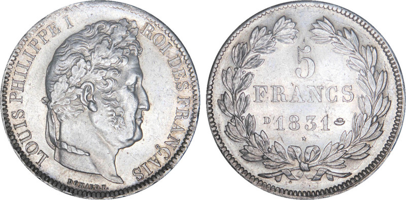 5 FRANCS
5 FRANCS Louis-Philippe I, transitoire, tranche en creux
1831 D - SPL...