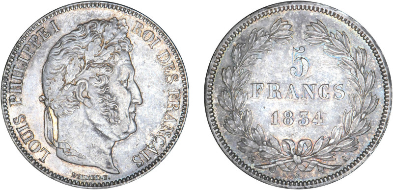 5 FRANCS
5 FRANCS Louis-Philippe I, tête laurée
1834 A - SUP 58 (SUP)
Assez R...