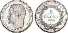 5 FRANCS
5 FRANCS 2e épreuve de J.J. Barre (Louis Napoléon Bonaparte)
1852 A - SPL 63 (SUP++)
Tranche en relief - Très Rare !!


G 722, F 328, K...