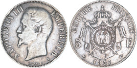 5 FRANCS
5 FRANCS Napoléon III, tête nue
1857 A - TB 25 (TB++)
Très Rare !!


G 734, F 330, KM# 782
PARIS - ARGENT - 24,73g
 -----------------...