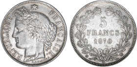 5 FRANCS
5 FRANCS type Cérès, sans légende
1870 K - TTB 30 (TTB-)
* E.A. - M à 10h - Rare !


G 742, F 332, KM# 818
BORDEAUX - ARGENT - 
 ----...